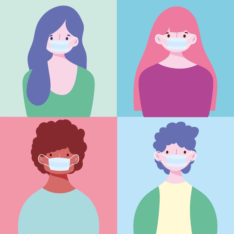 Set of young people wearing masks vector