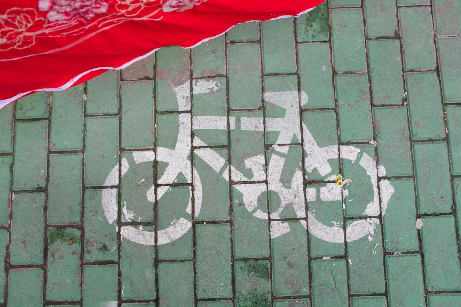 Bike road sign painted on green bricks photo