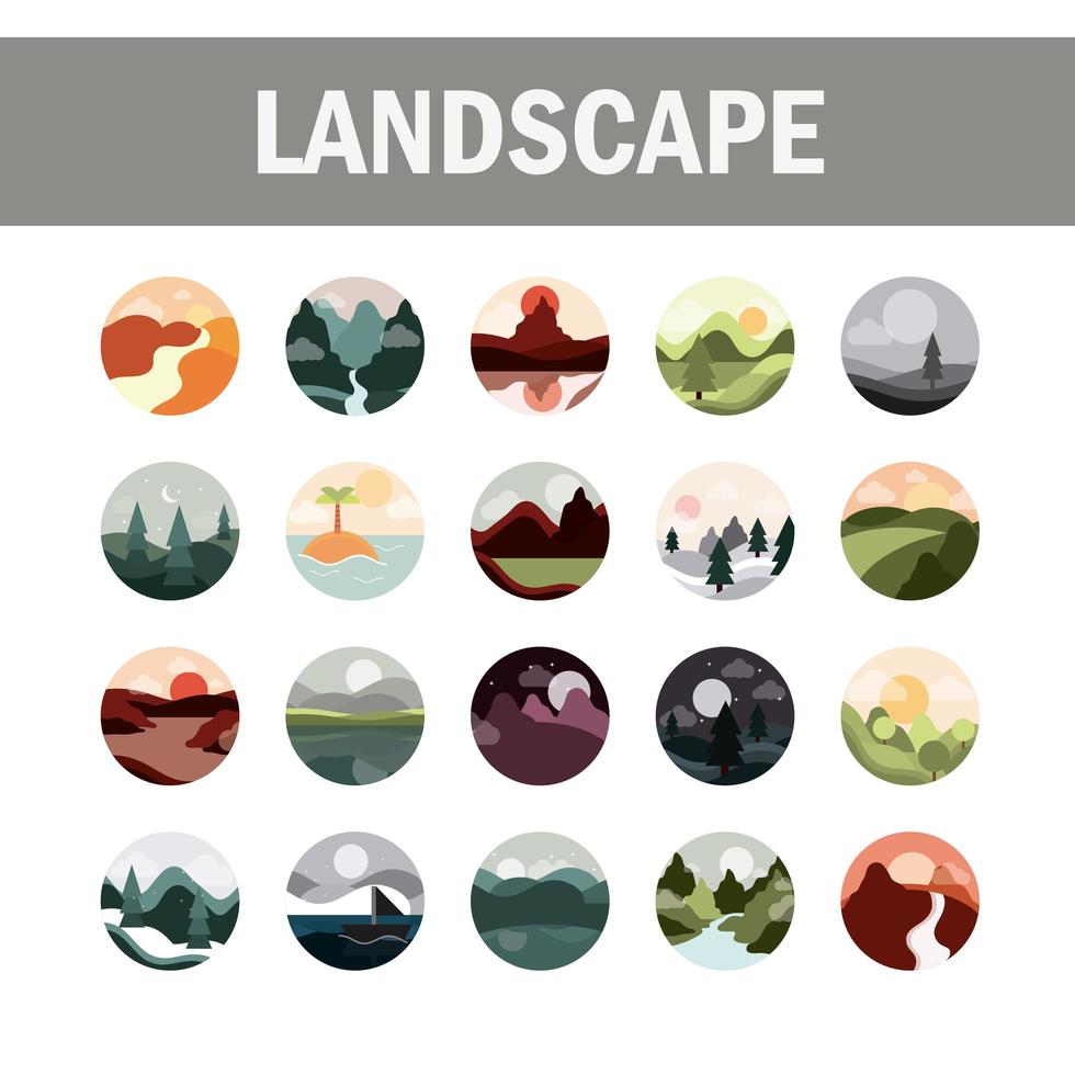 Landscapes flat style icon set vector