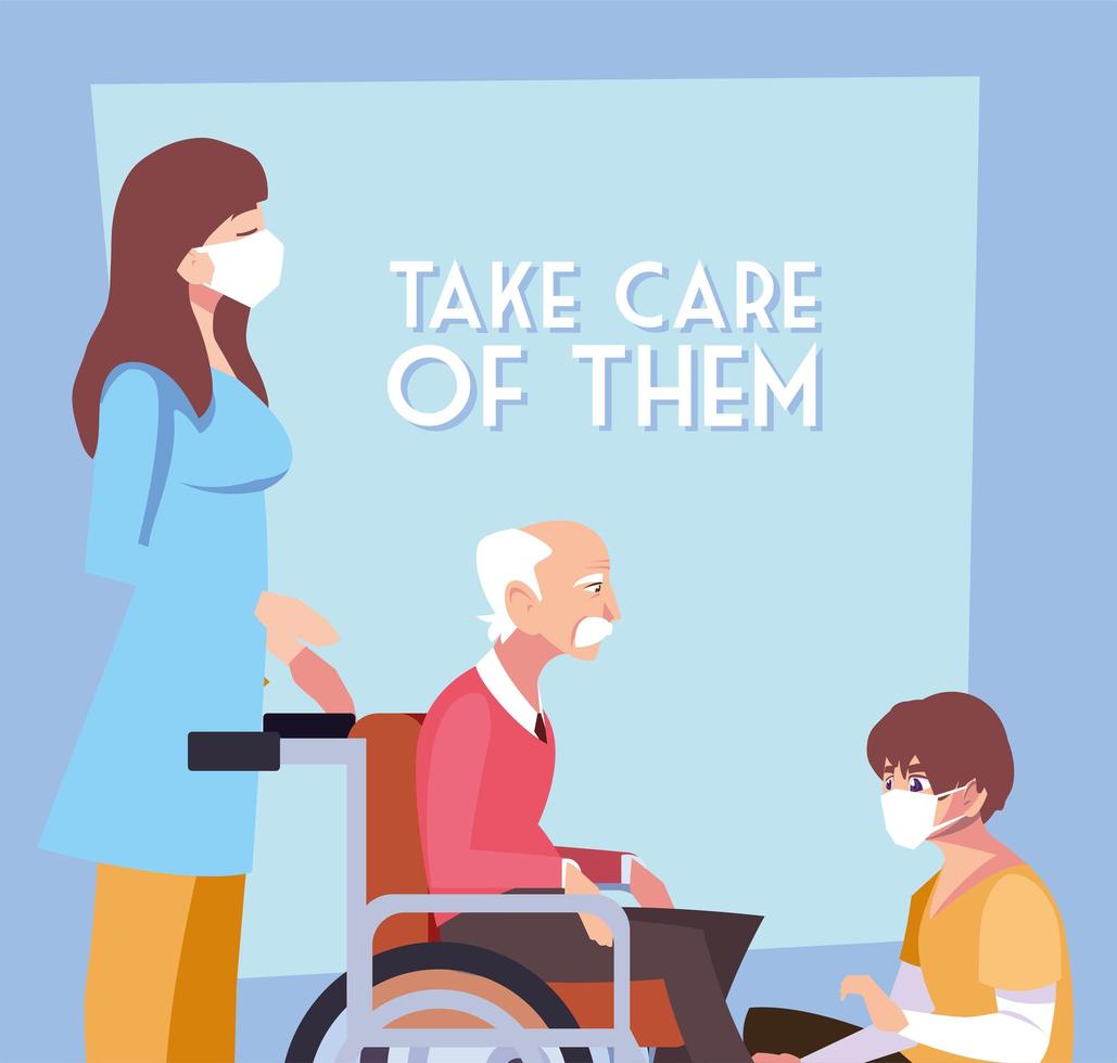 Two people taking care of an old man in wheelchair vector