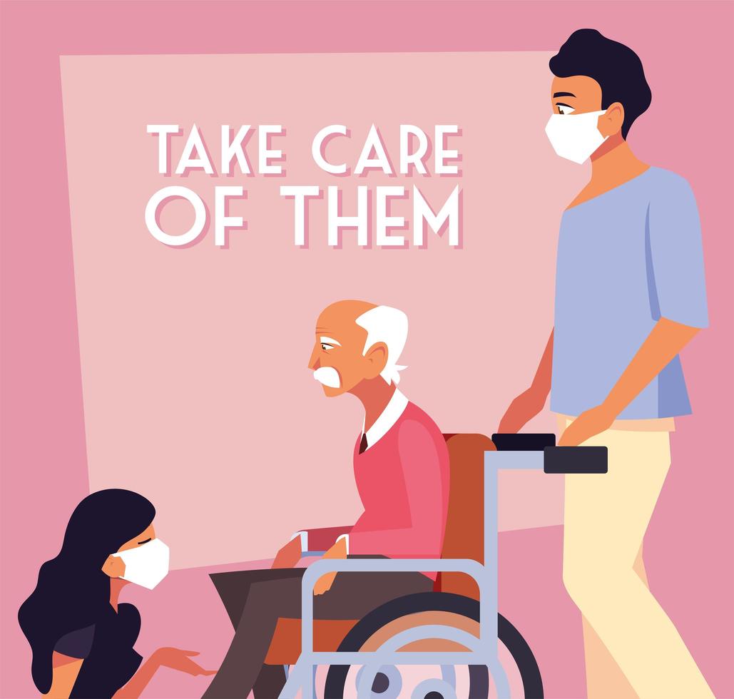Masked people taking care of old man in a wheelchair vector