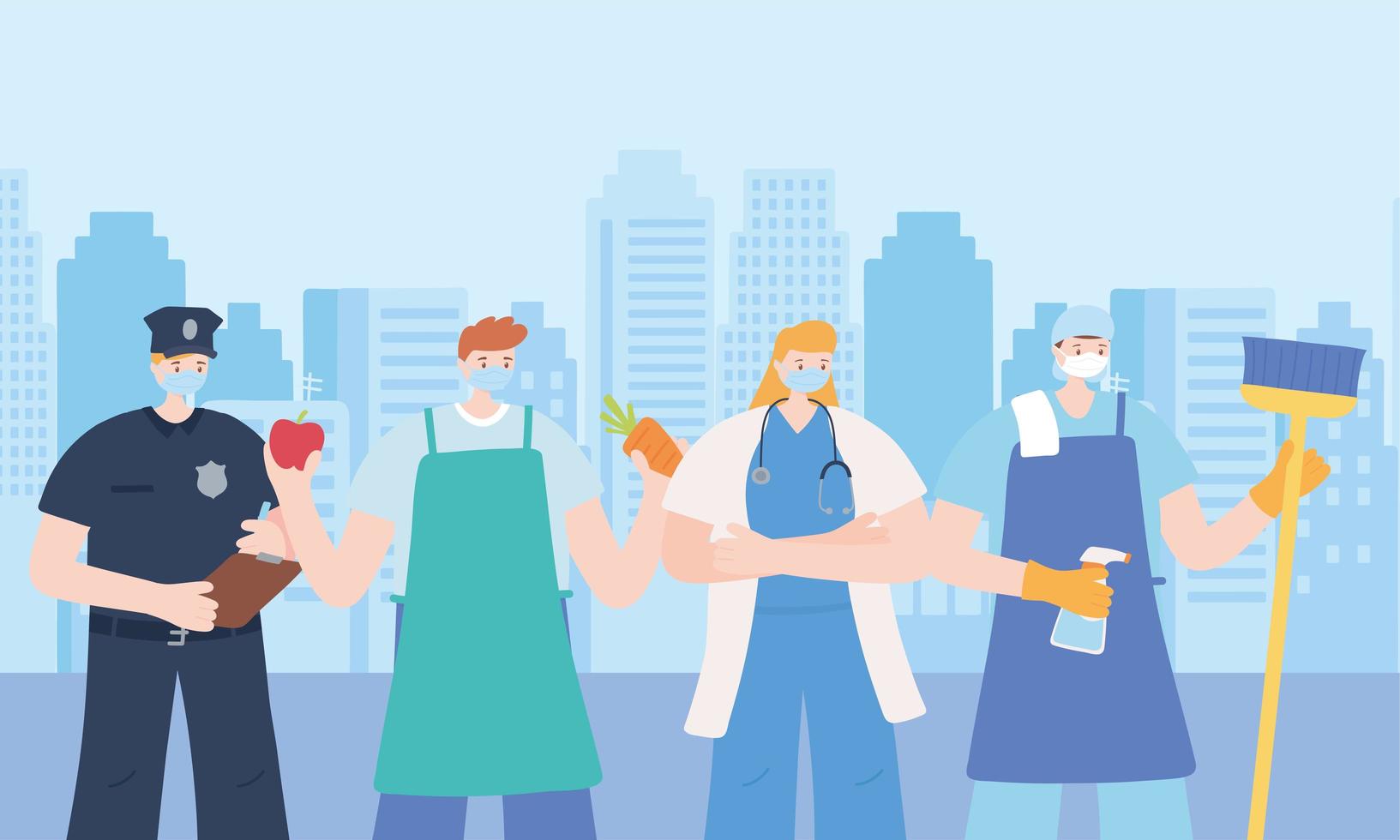 Four essential workers on urban landscape vector