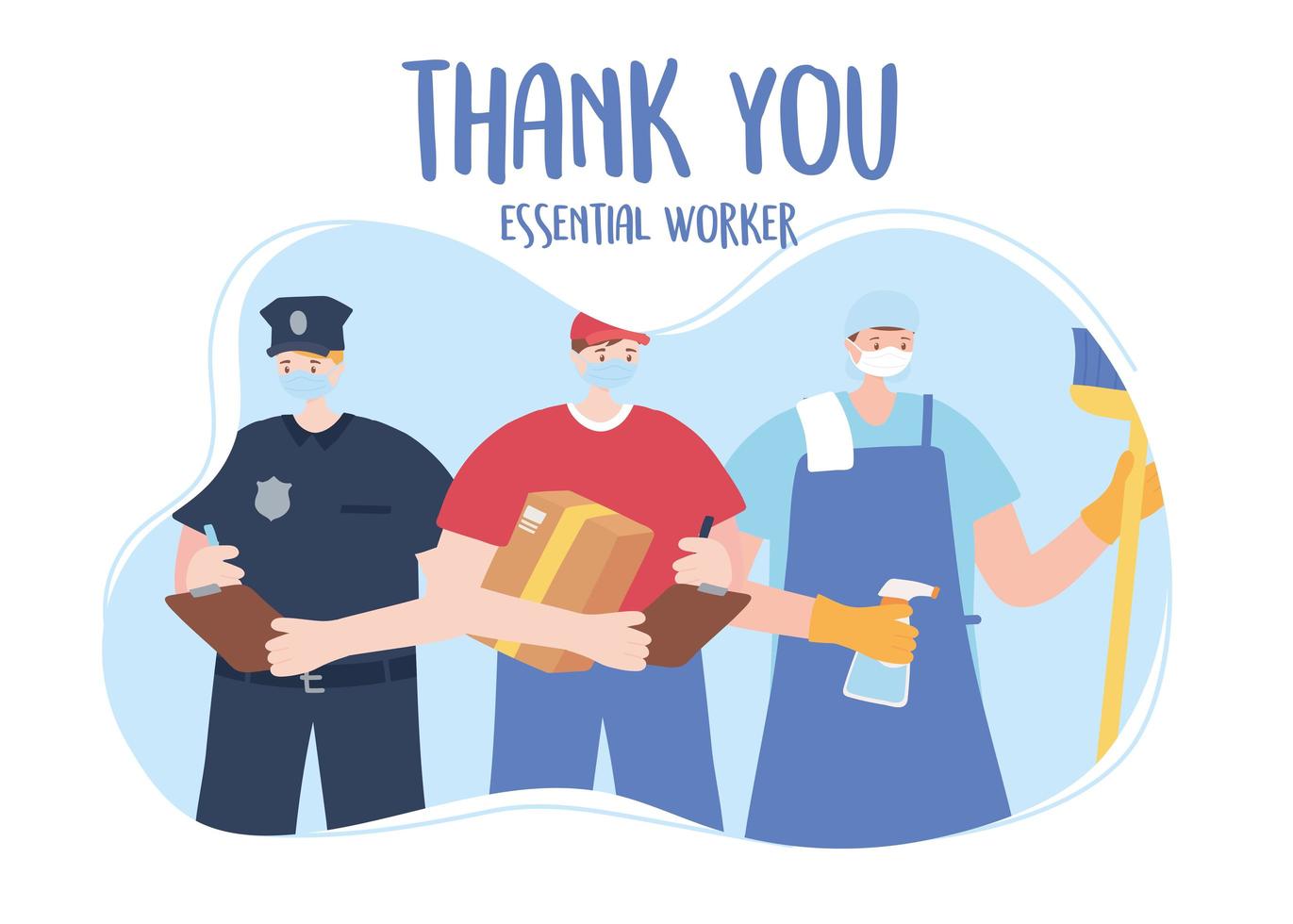 Thank you card template with essential workers vector