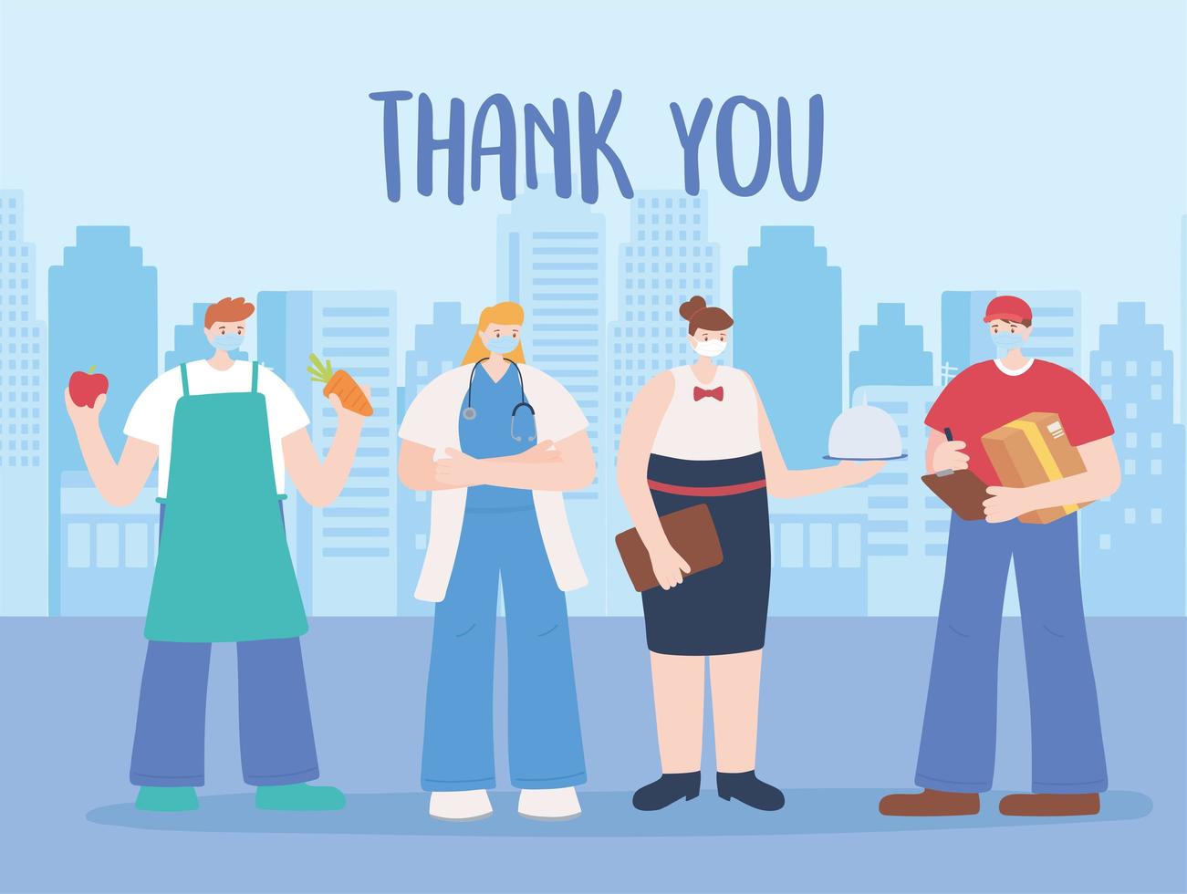 Thank you card with essential workers on urban landscape vector