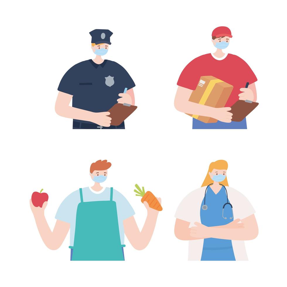 Four essential workers flat design busts vector