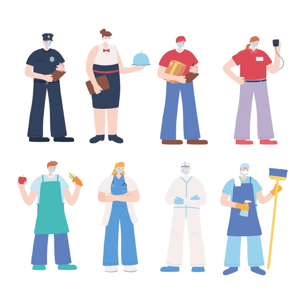 Essential workers wearing masks flat design set vector