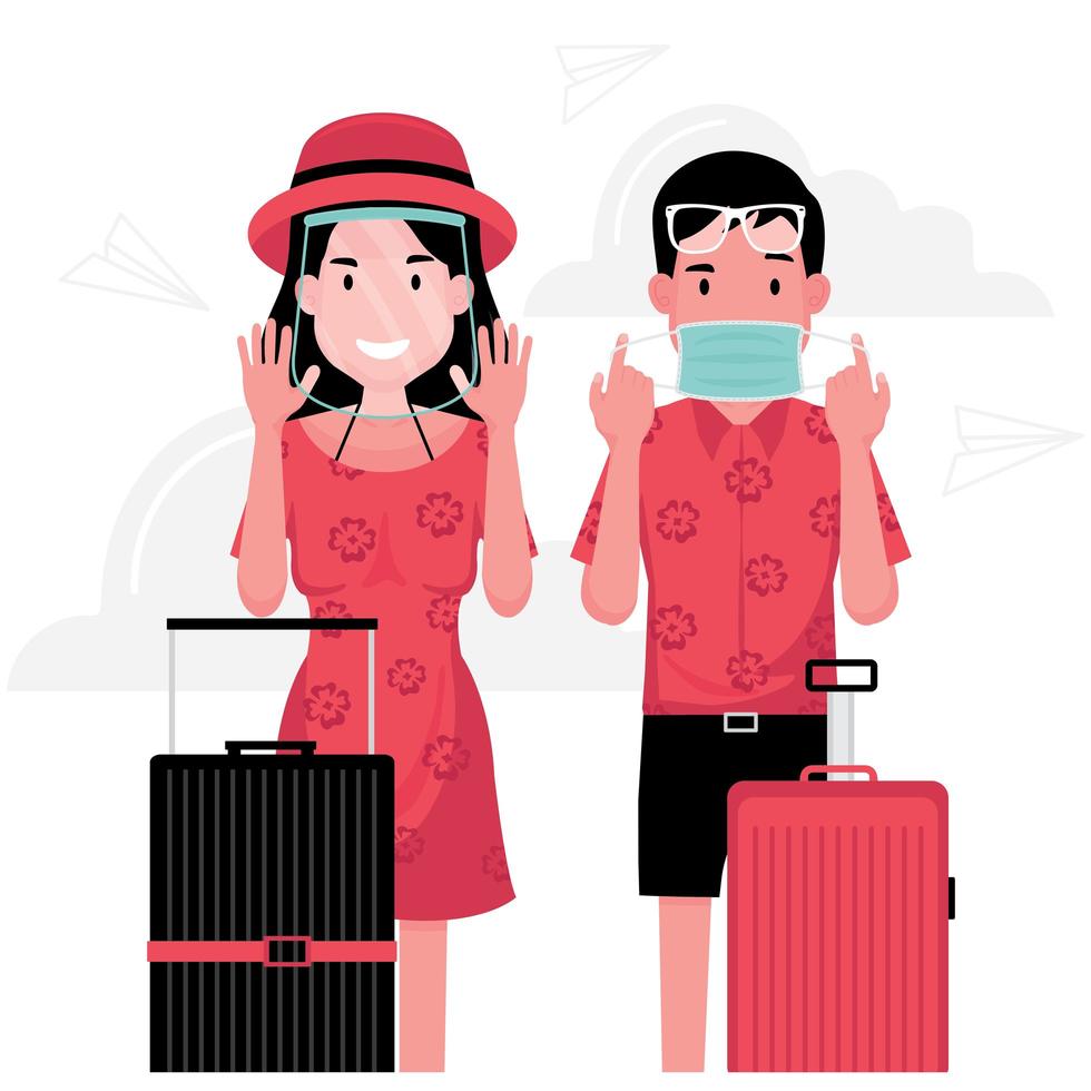 Man and woman travelling wearing face mask and face shield vector