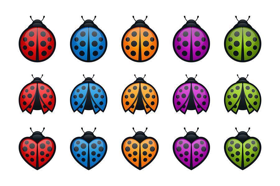 Colorful Round and Heart Shaped Ladybugs Icon Set vector