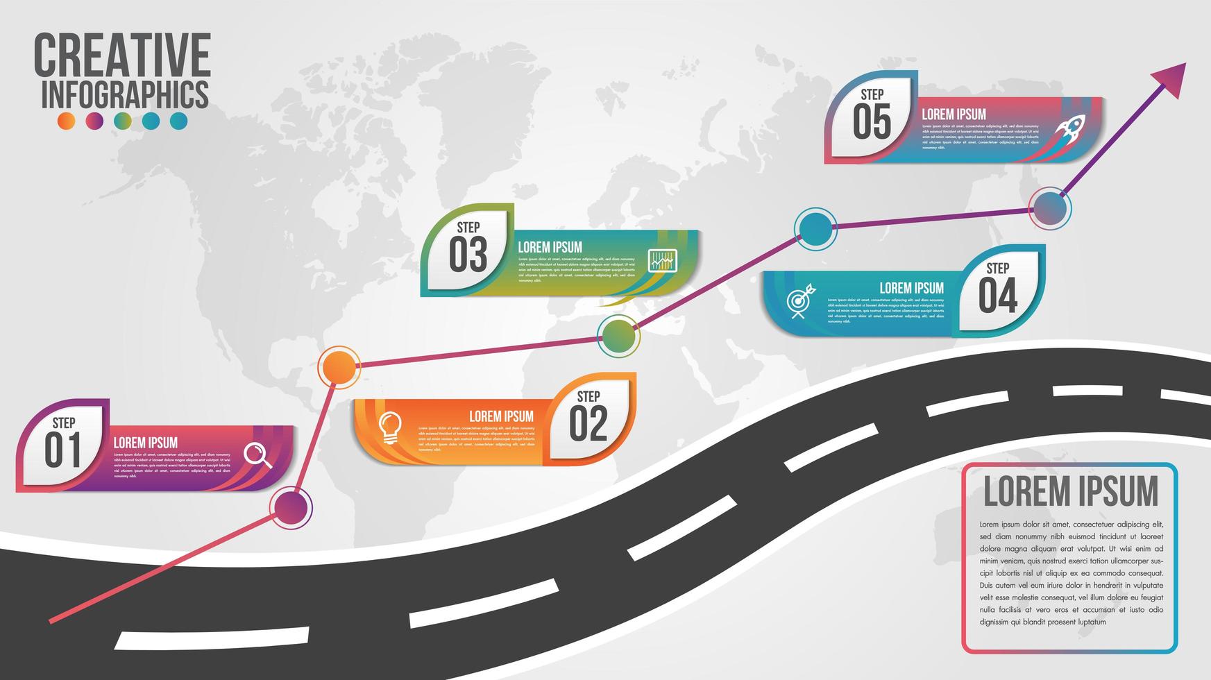 infografías de negocios de mapa mundial con 5 pasos vector