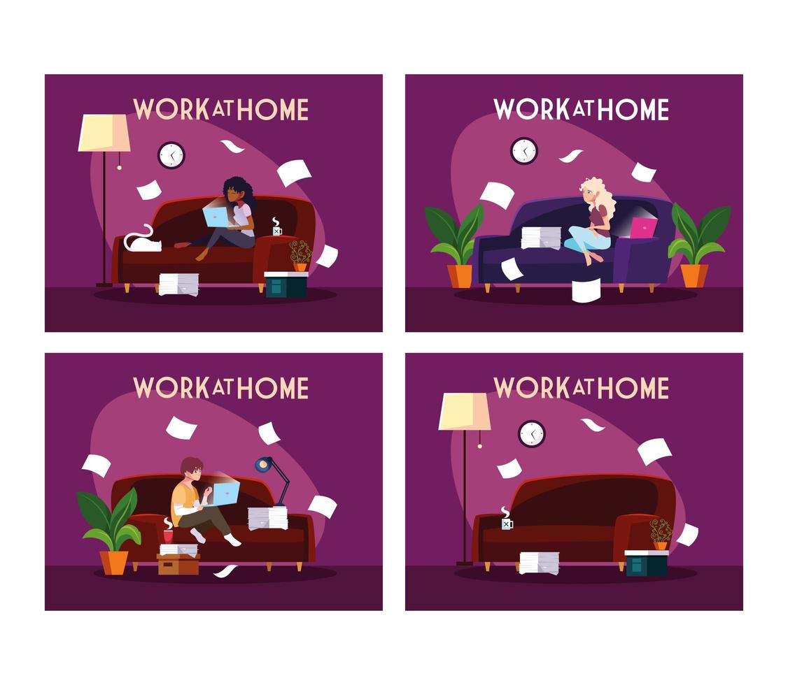 Set of scenes with people working from home vector