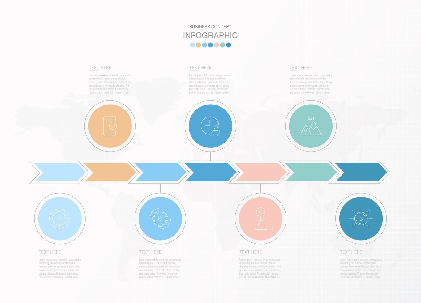 Pastel arrow and circle 7 step infographic vector