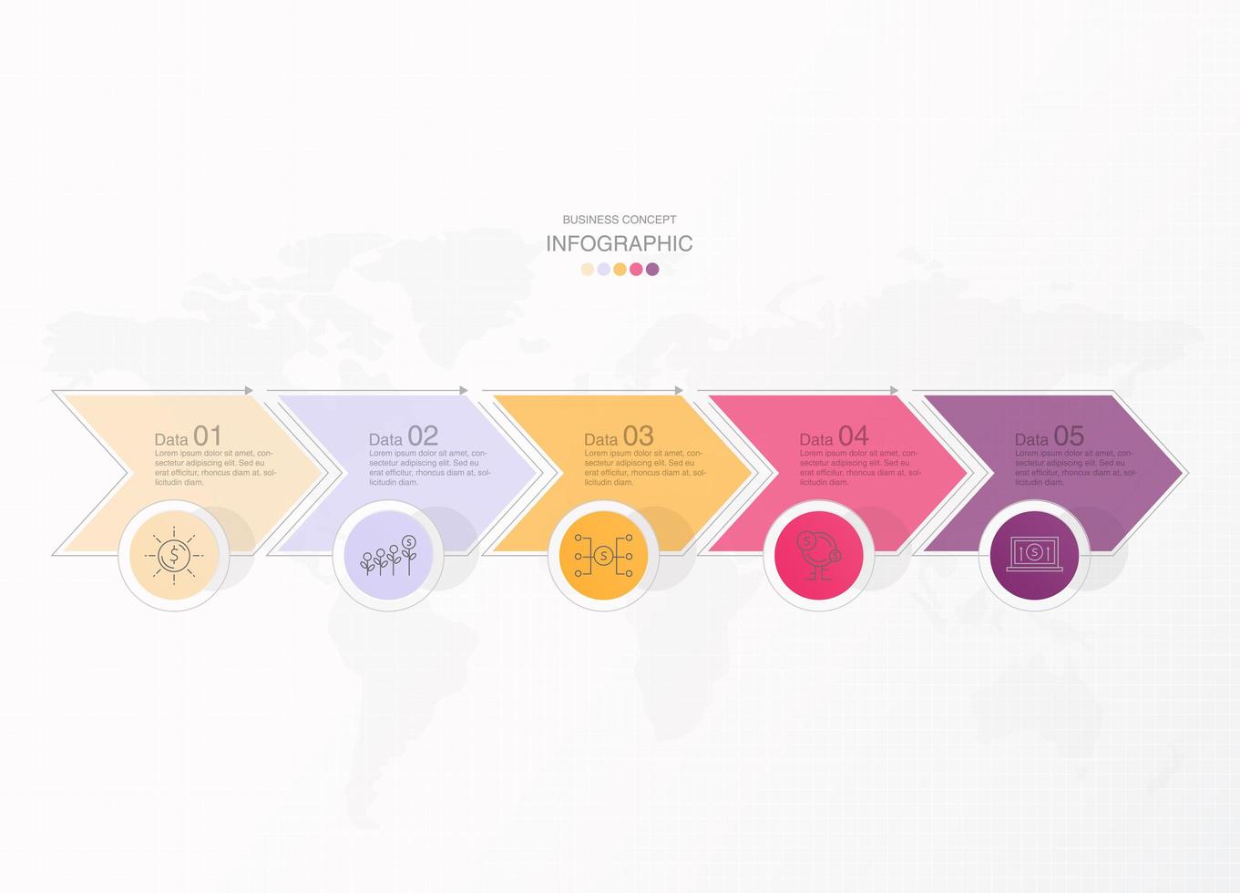 Pastel connected arrow 5 step infographic vector