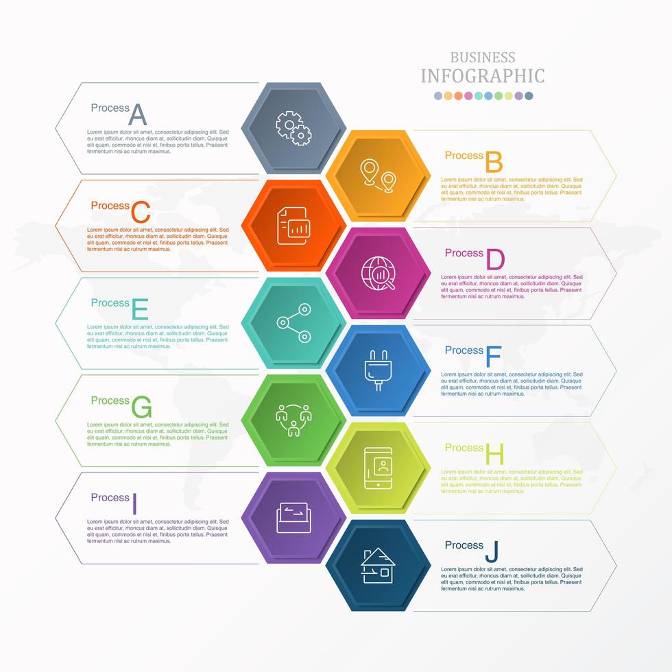 Colorful hexagon infographic with A-J options vector