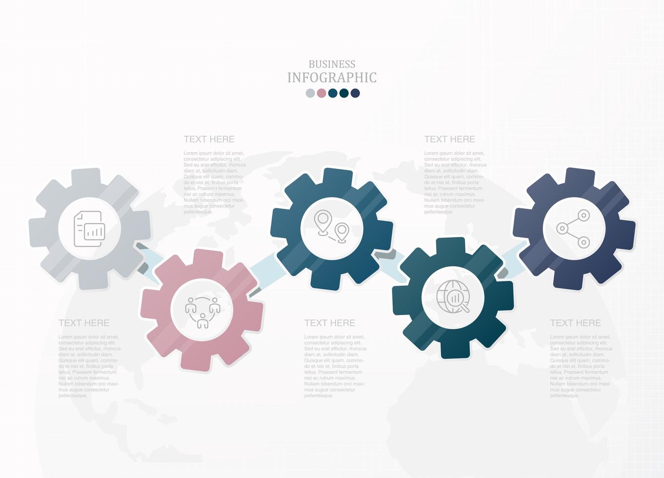 Infografía de engranajes conectados de 5 pasos. vector