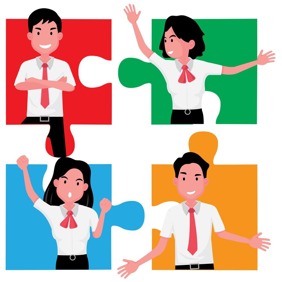 A puzzle of four people demonstrating teamwork and cooperation vector