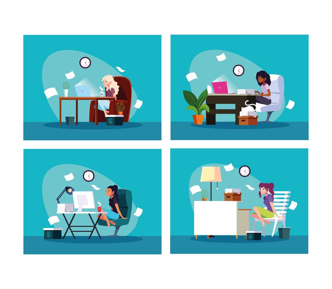 Set of four women working at home vector