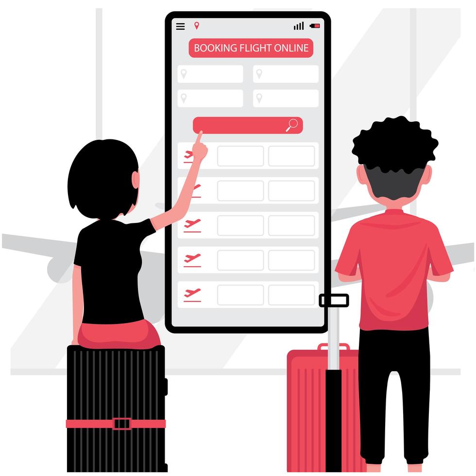 Man and woman booking a flight online vector