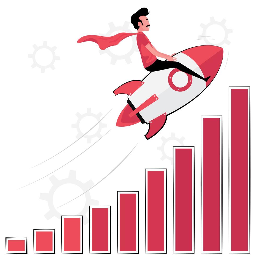 Man riding a rocket to the top of graph chart vector