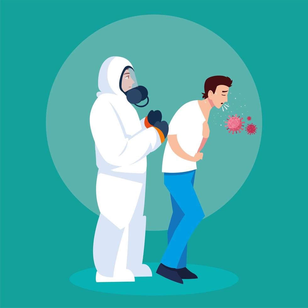 Person in protective suit with infected coughing man vector