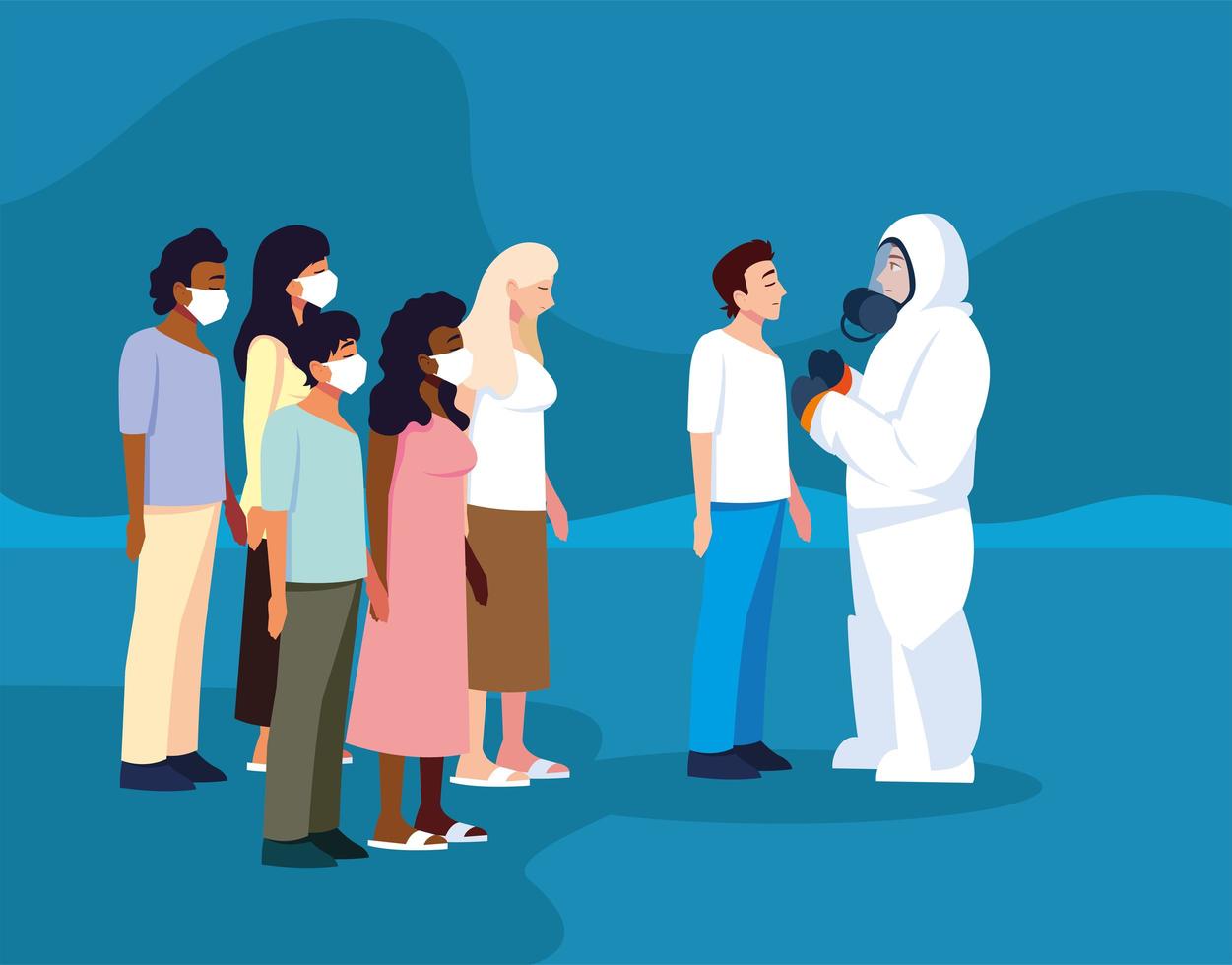 Man wearing protective suit checking a group of people vector