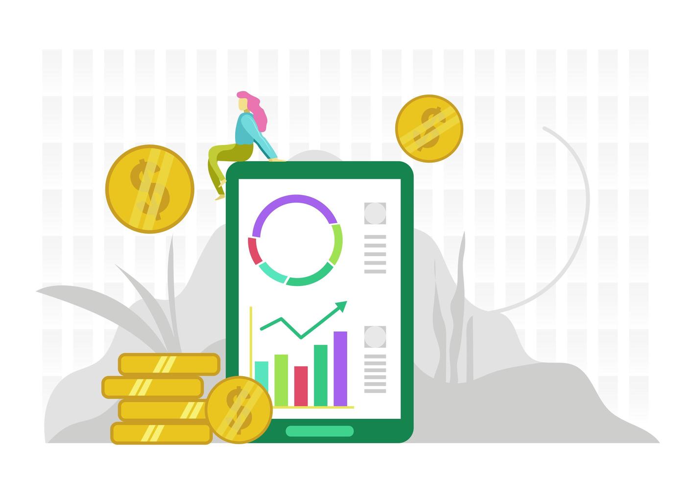 Woman sitting on tablet surrounded by coins and nature vector