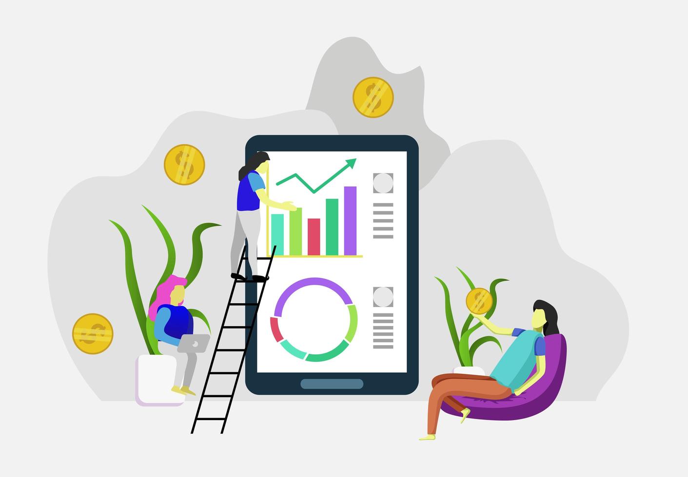 Three women processing data and tablet vector