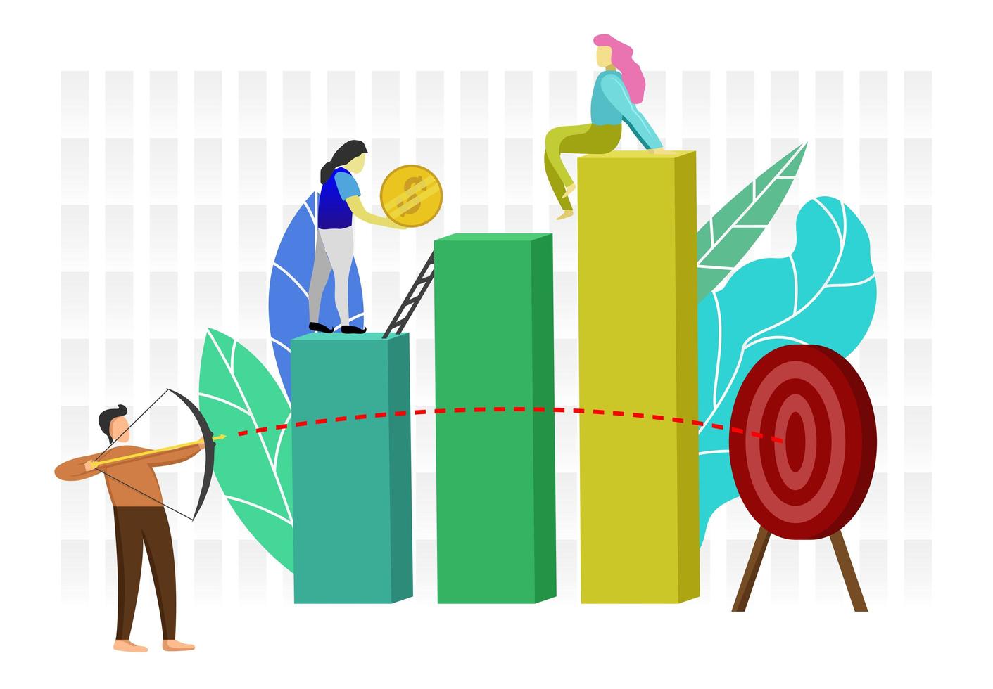 Business people shooting target and climbing on graph vector