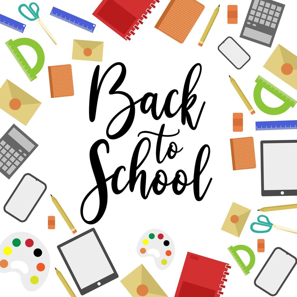 Back to school banner with school supplies and calligraphy vector