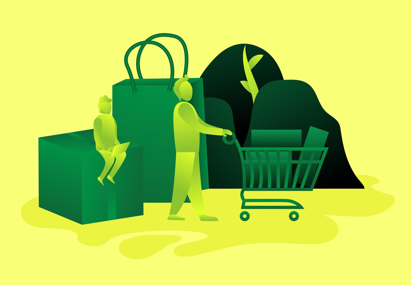 Person with shopping cart and person sitting on box vector