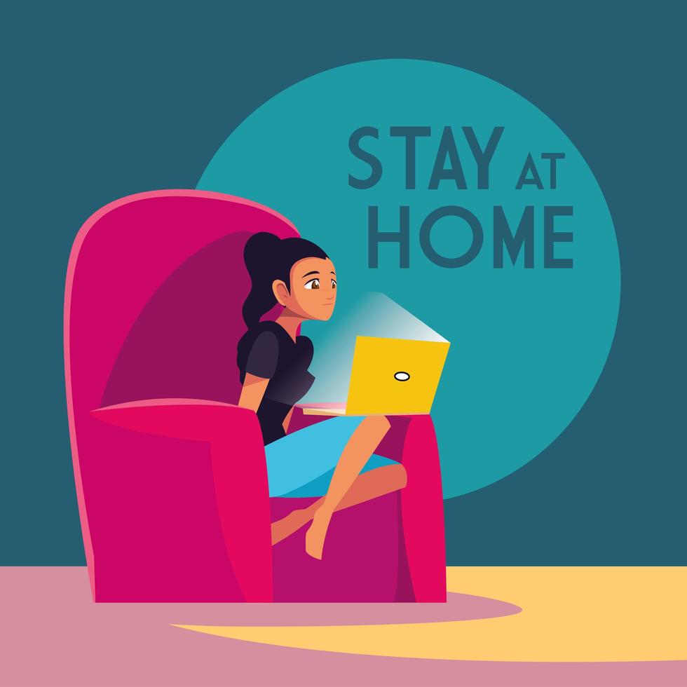 Stay at home awareness and a woman on laptop vector