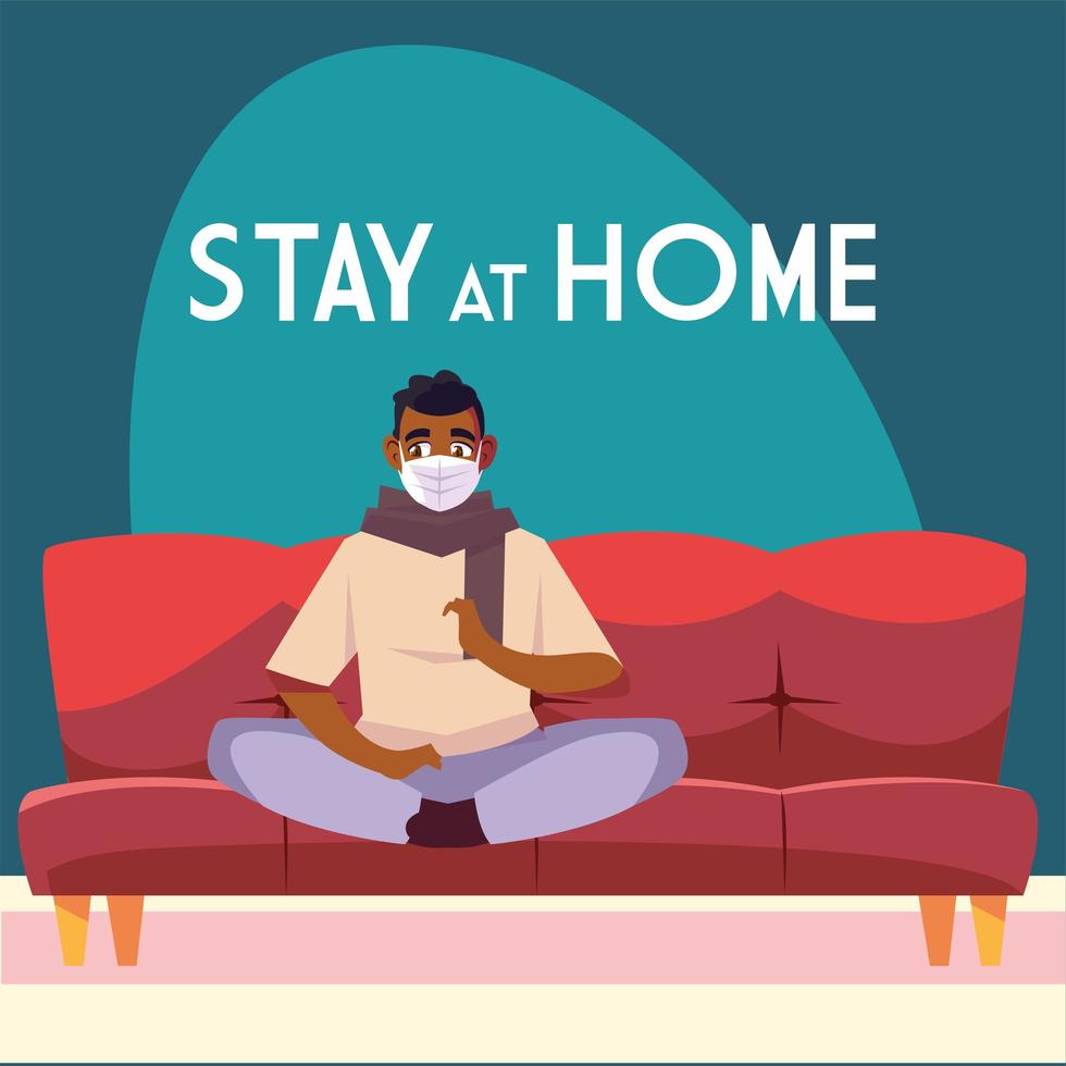 Stay at home awareness with masked man on couch vector