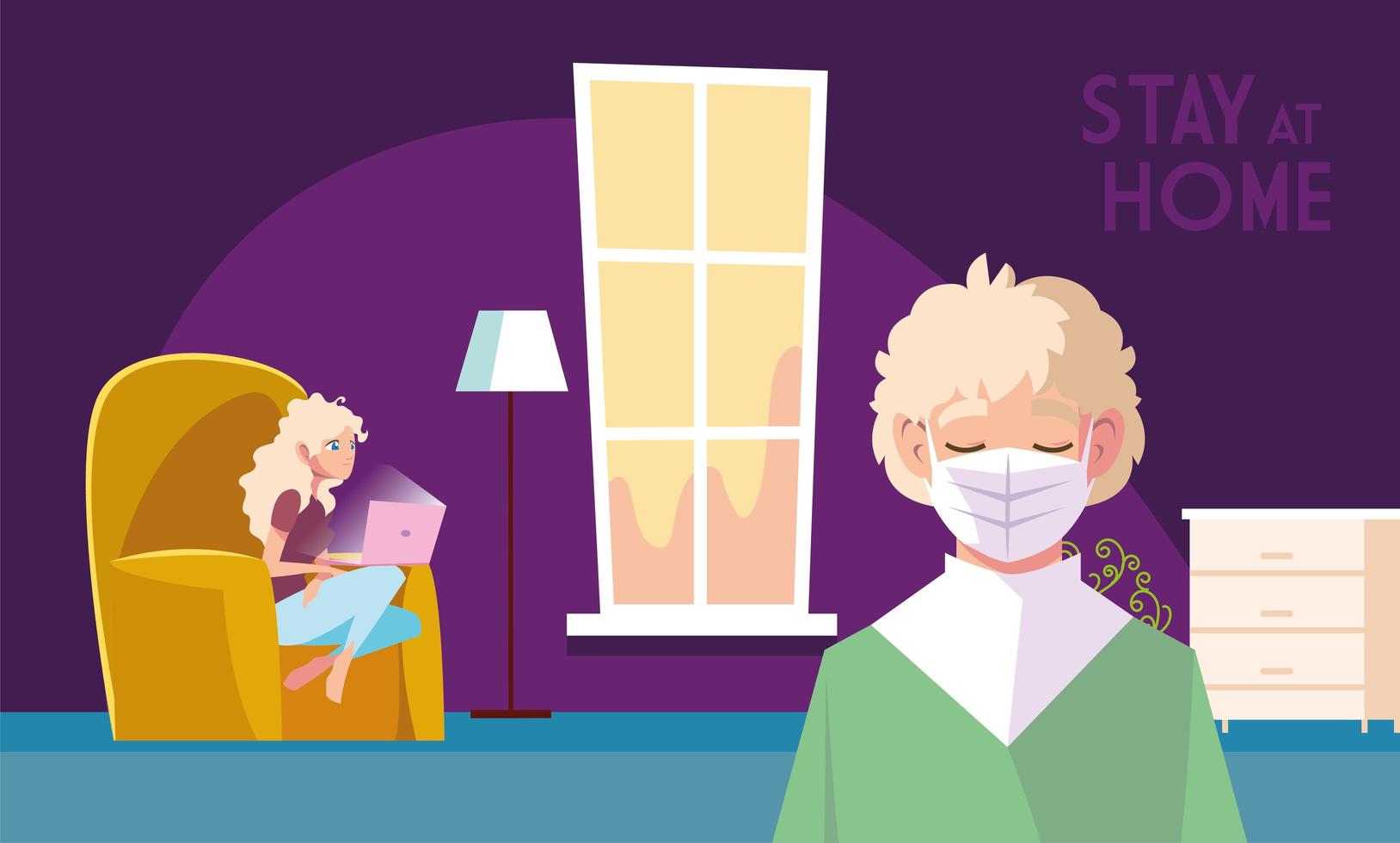 Stay at home awareness and a couple in their house vector