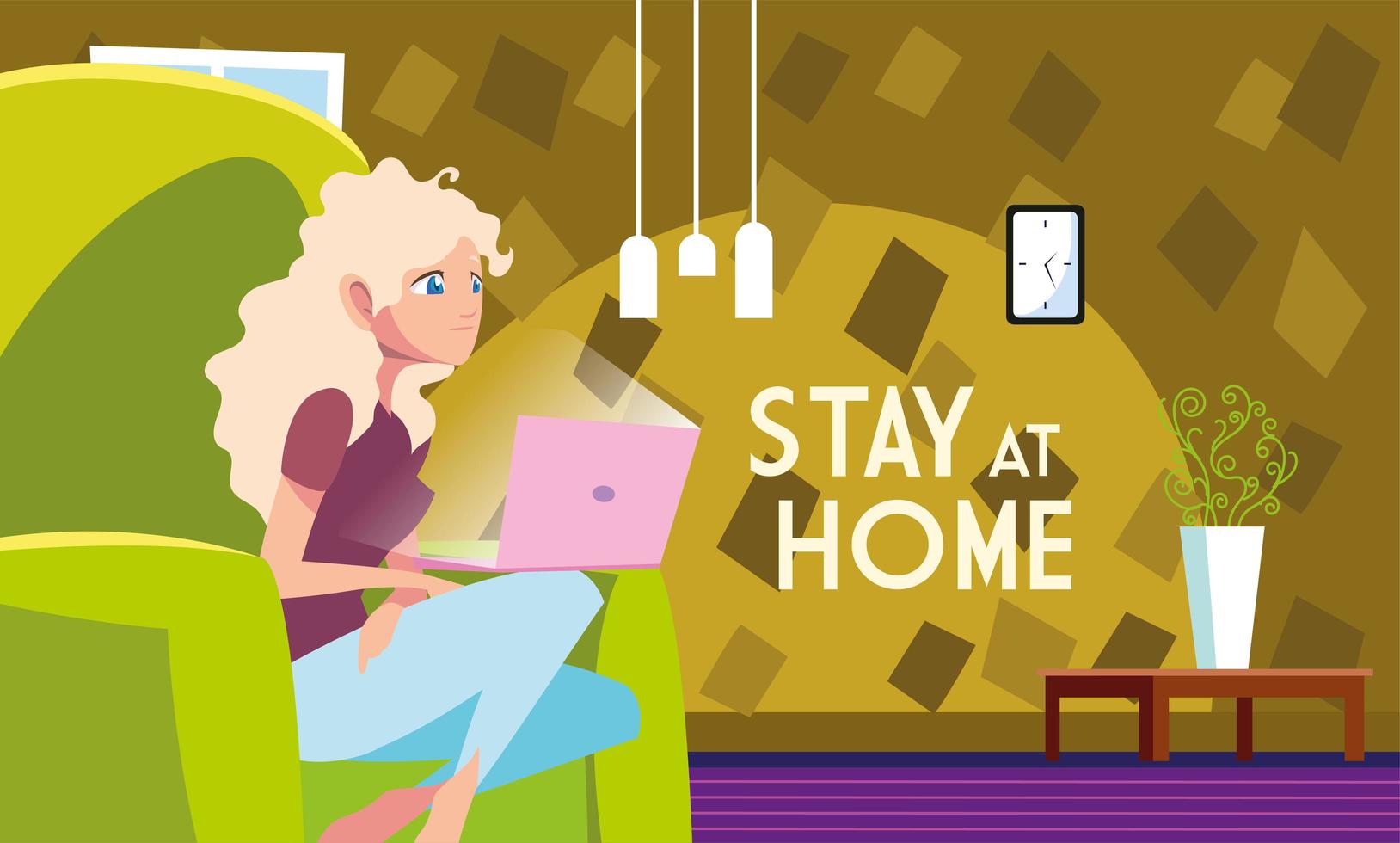 Stay at home awareness and a woman in home office vector