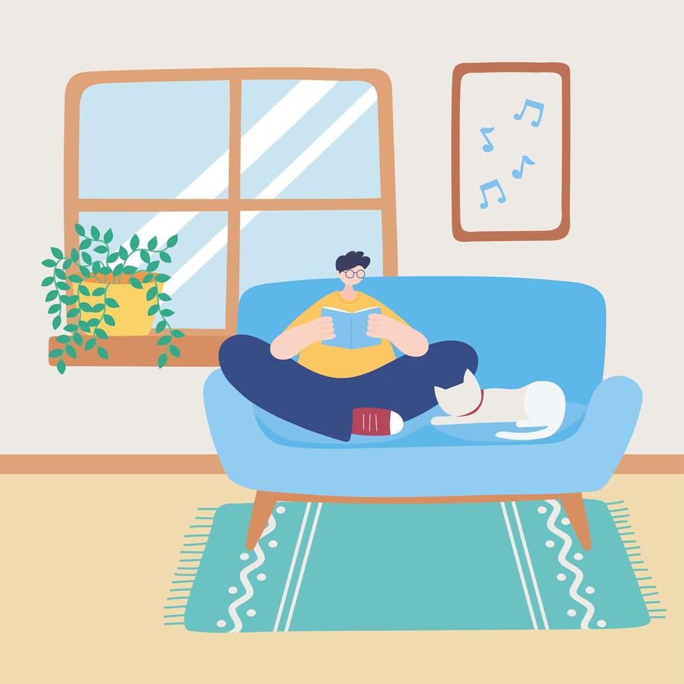 Boy sitting on the couch with book and cat vector