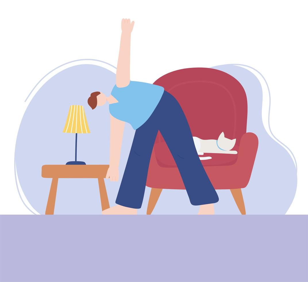 Man practicing yoga with cat on the chair vector