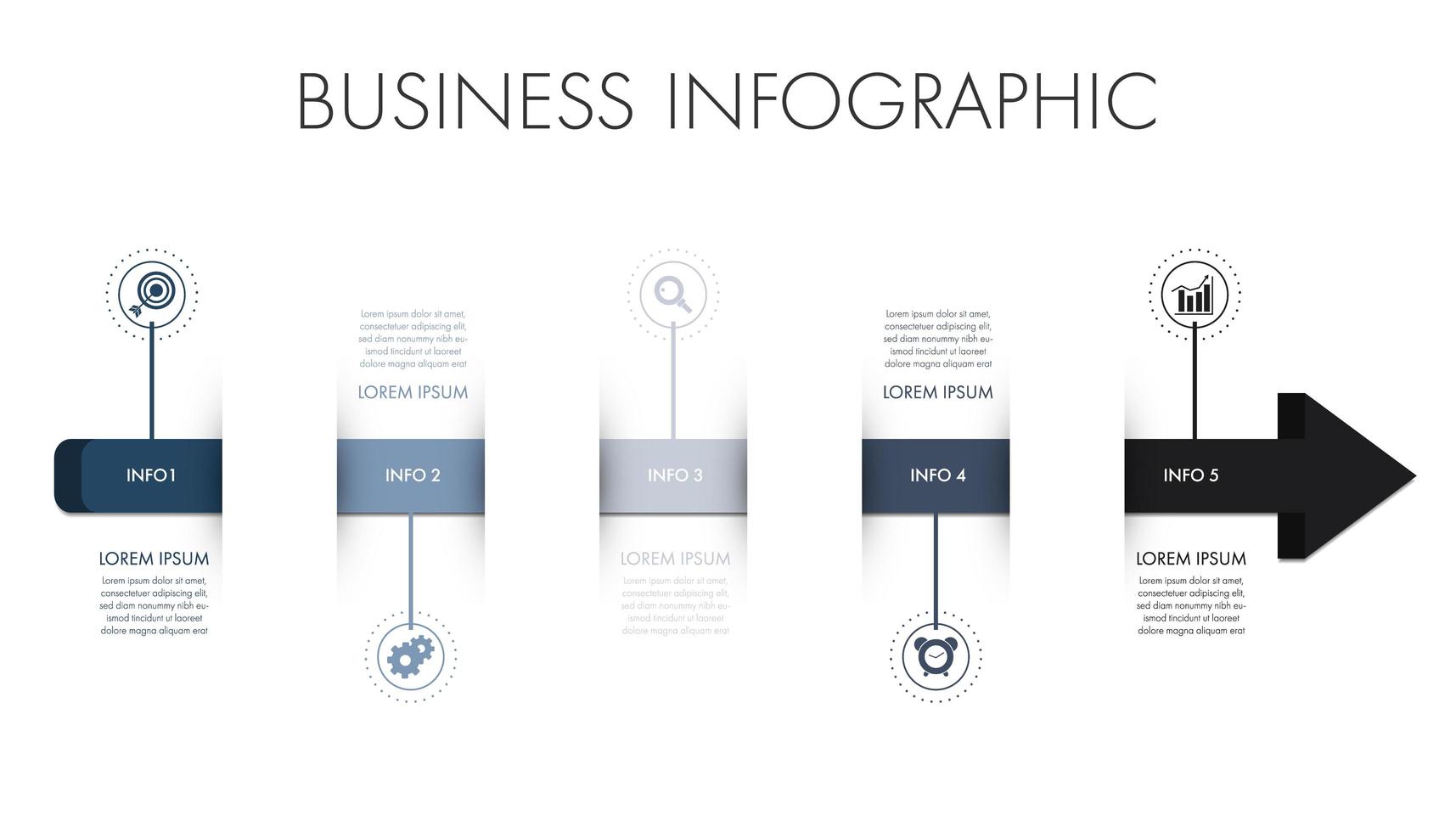 Plantilla de infografía empresarial con forma de flecha azul y gris vector