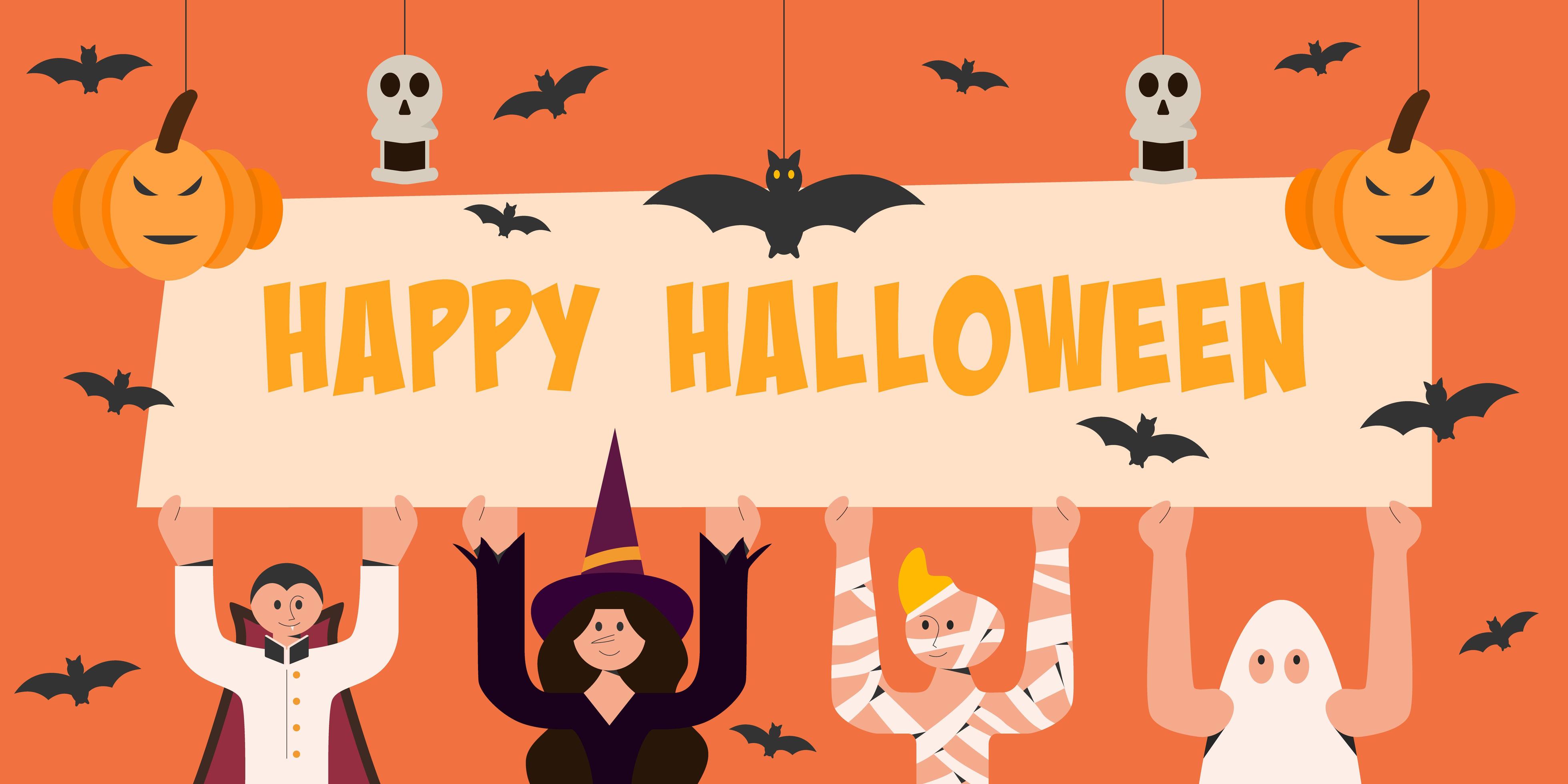 personajes del día de halloween con cartel de feliz halloween 1238005