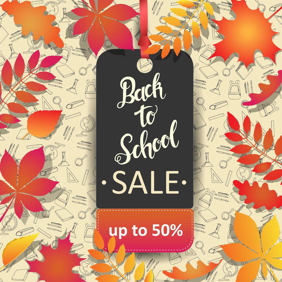 Etiqueta De Venda De Volta As Aulas Em Moldura De Folha Sobre Rabiscos Download De Vetor