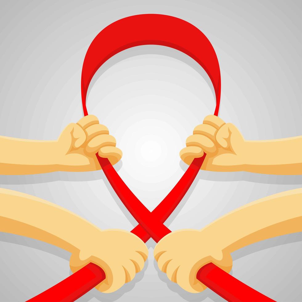Four hands holding red ribbon vector