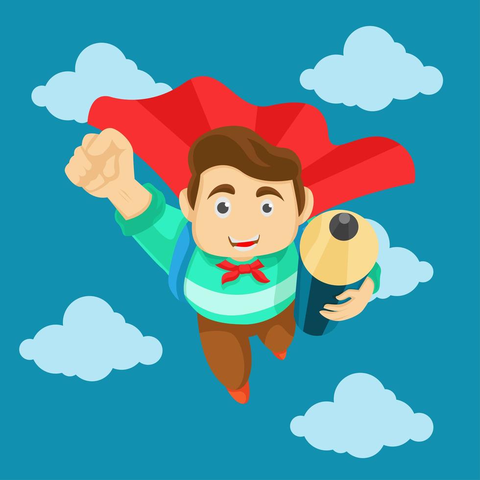 Happy student flying in the sky with pencil vector