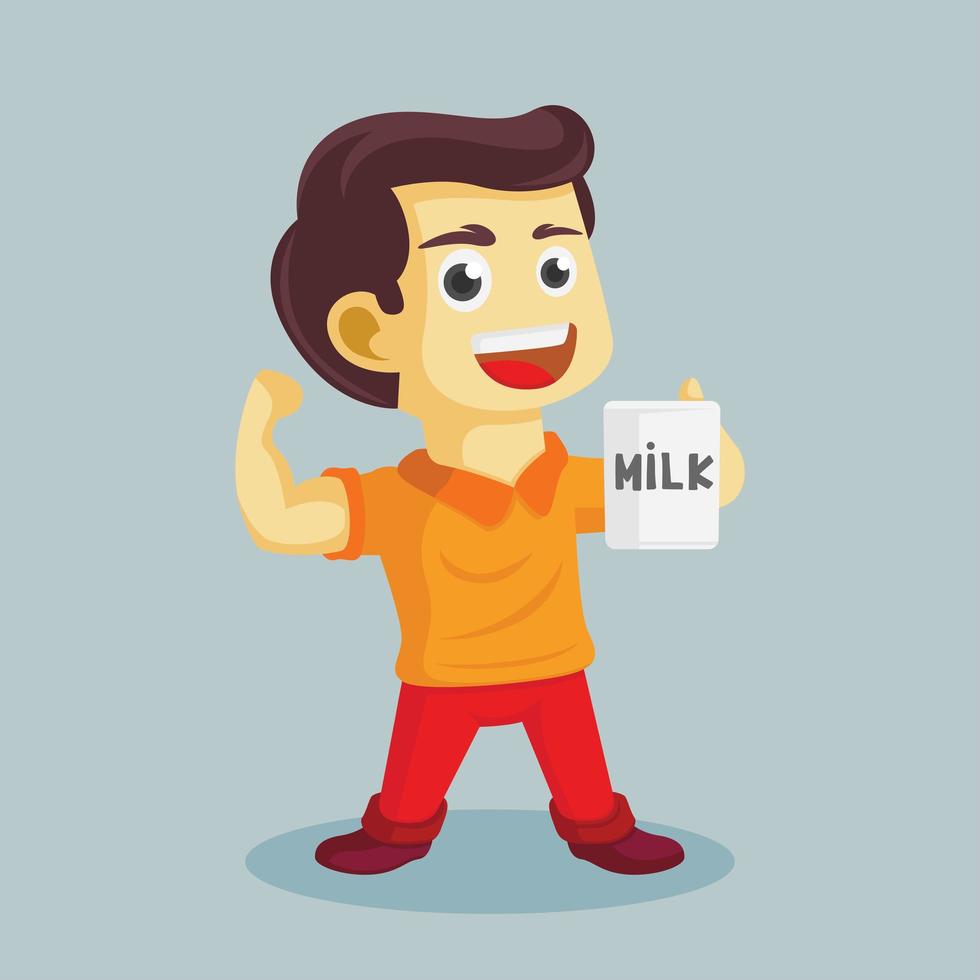 niño fuerte con músculos bebiendo leche vector