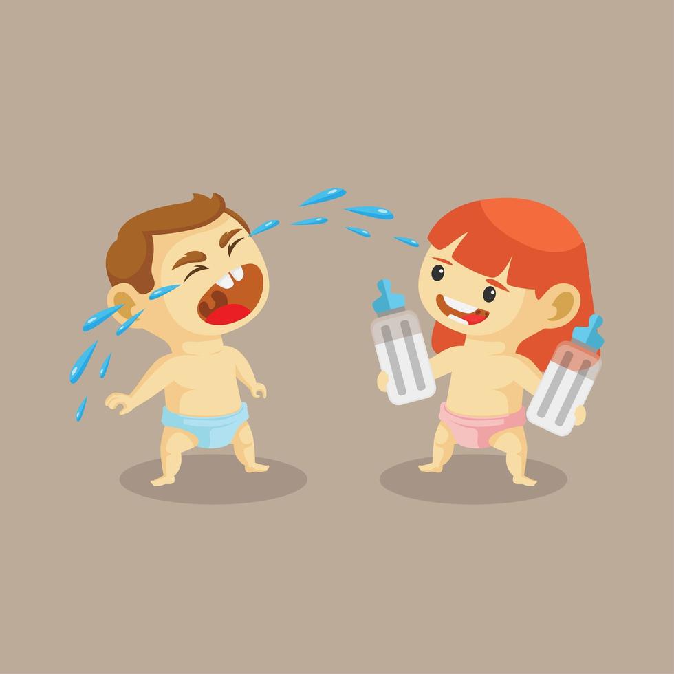 Girl baby taking bottle from crying boy baby vector