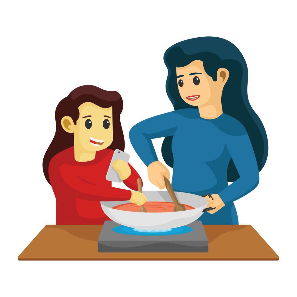 Mom and daughter cooking in kitchen together vector