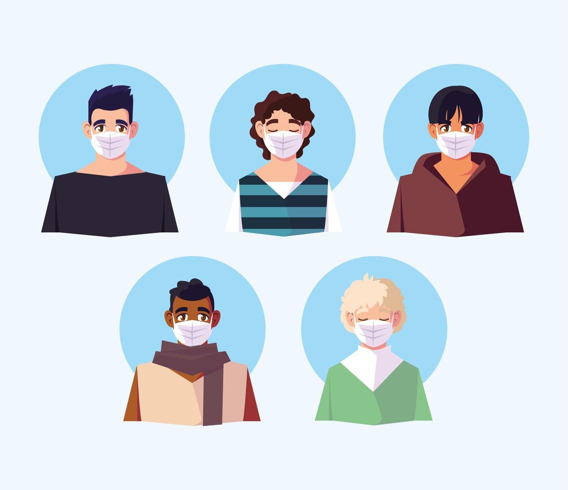 People of different nationalities wearing face masks vector