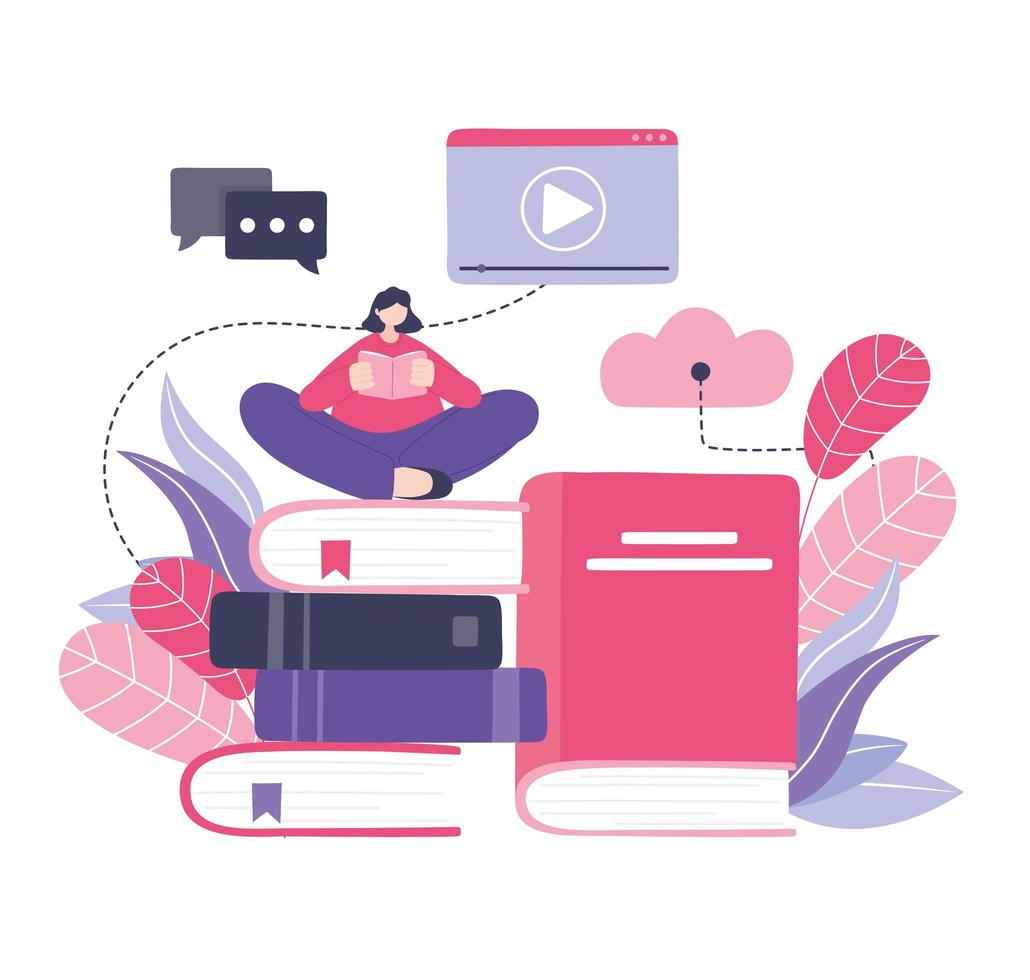 Woman reading on a stack of books vector