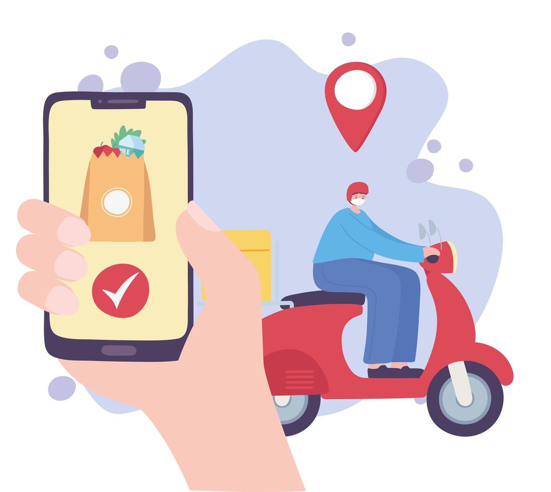 Servicio de entrega en línea con hombre en scooter y smartphone. vector