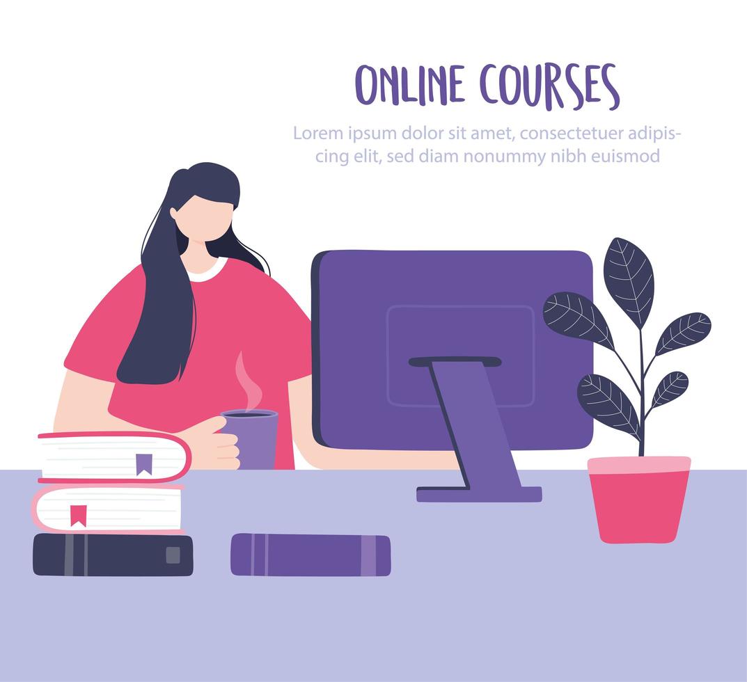 Girl taking an online training on the computer vector