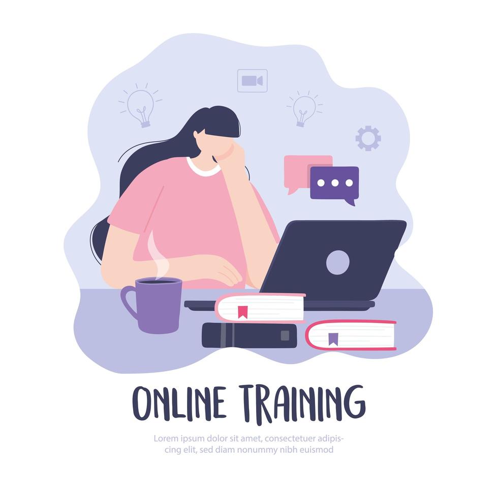 Girl with laptop taking an online training vector