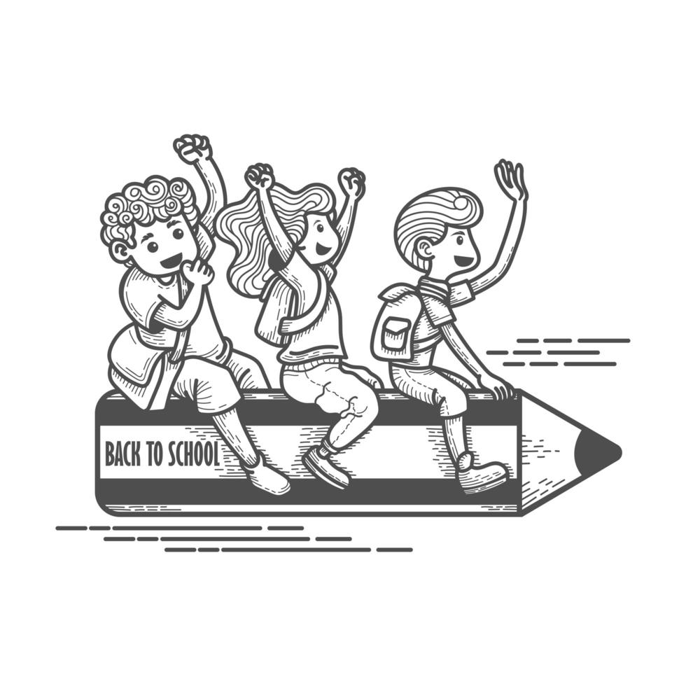 Three children riding pencil back to school vector