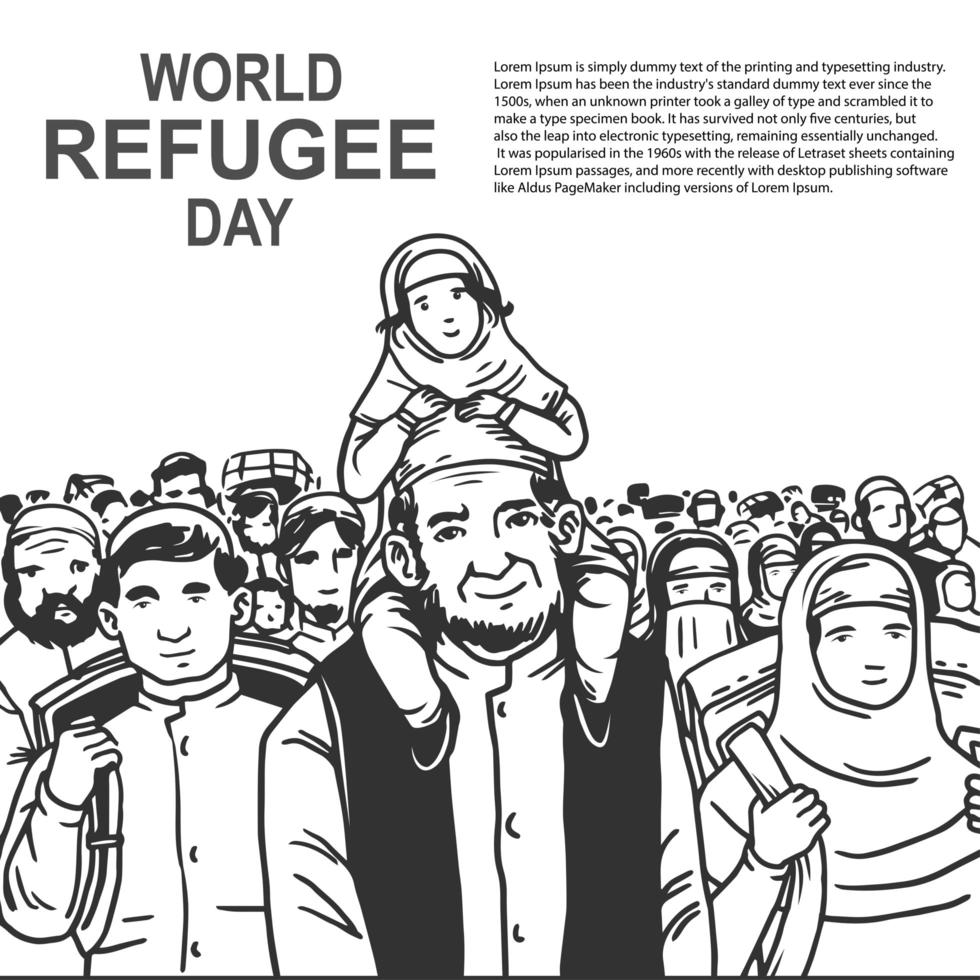 Hand drawn world refugee day card with crowd vector